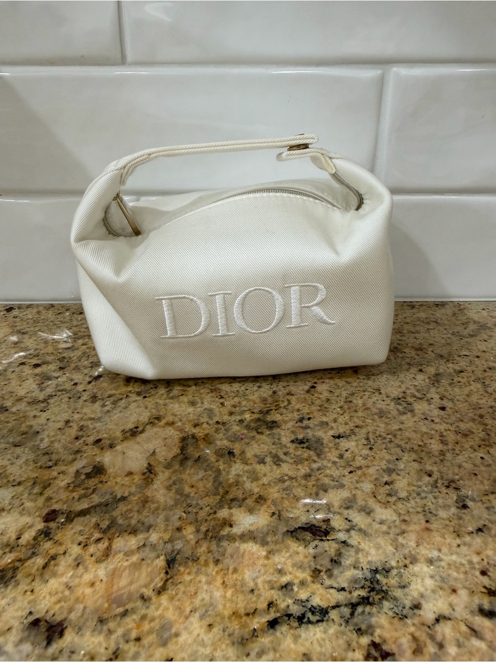 Christian Dior White Canvas Cosmetic Pouch with Embroidered Logo - NEW